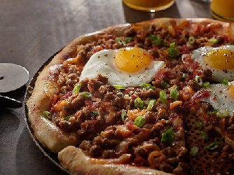 Breakfast for Dinner Sausage, Egg and Bacon Pizza