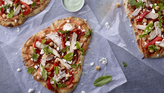 Chicken with Harissa Hummus Pizza