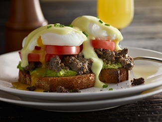 Beef & Mushroom Sausage Avocado Eggs Benny