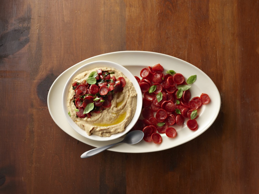 White Bean Hummus with Crispy Pepperoni Bruschetta