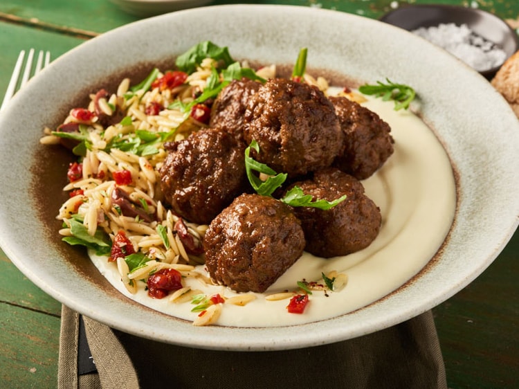 Meatballs with Orzo + Whipped Feta